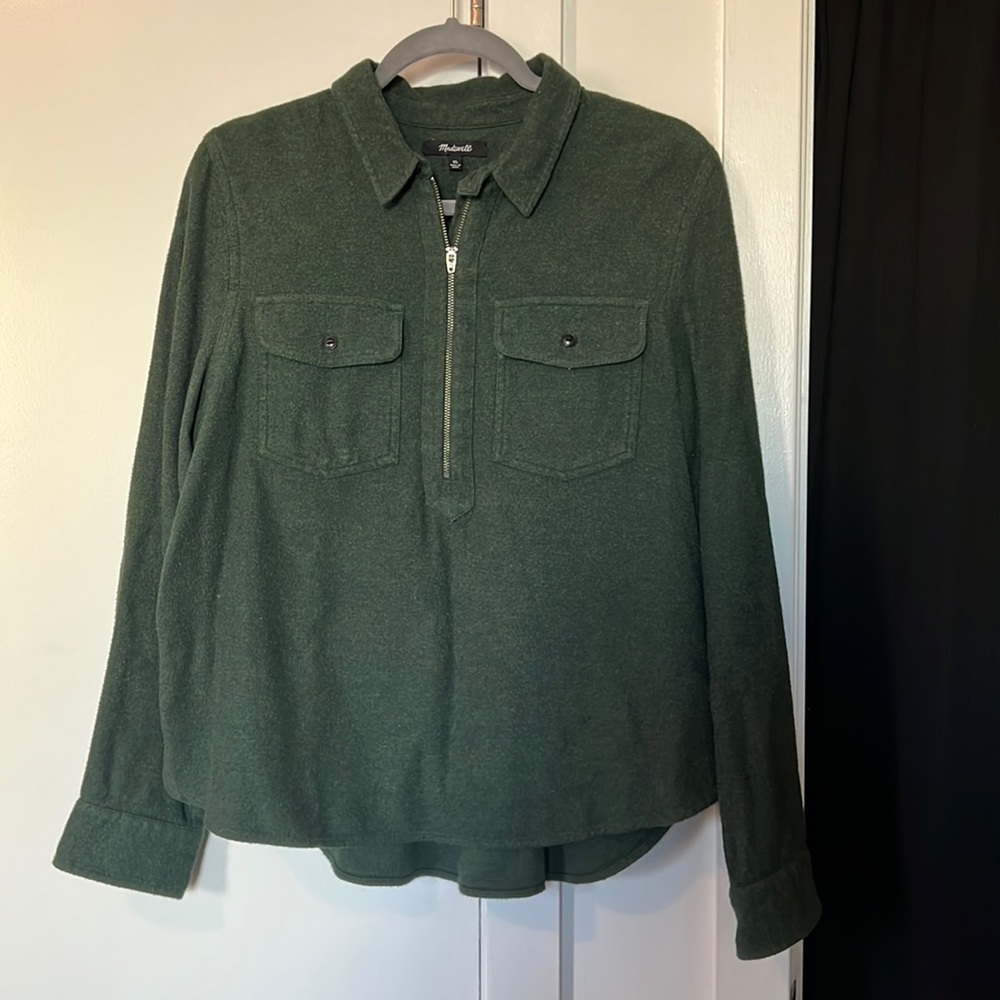 Madewell Flannel Zip Front Popover Top — Dark Green — Size XL